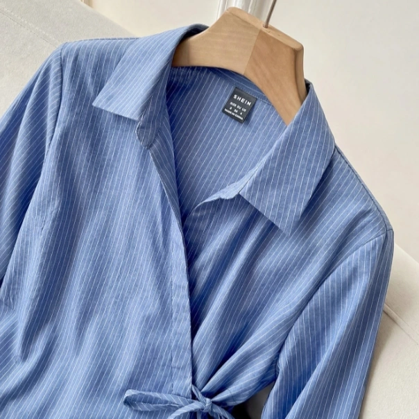 Blue And White Stripe Long Sleeve Side Waist Tie Casual French Elegant Shirt 3