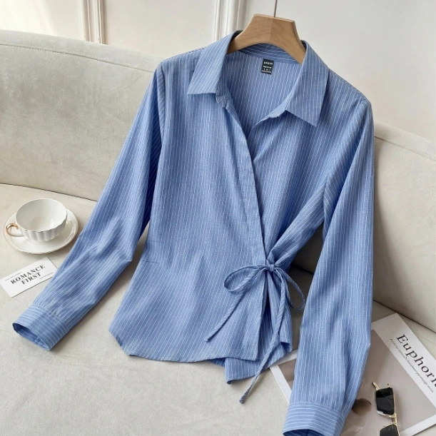 Blue And White Stripe Long Sleeve Side Waist Tie Casual French Elegant Shirt 4