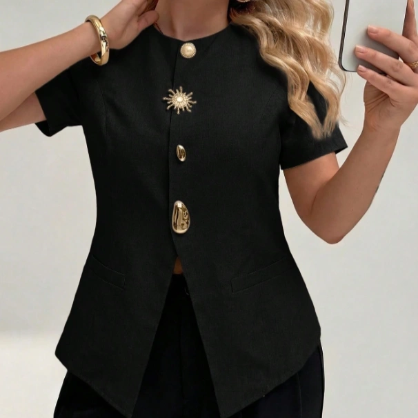 Plus Size Summer Casual Commuter Button Decor Short Sleeve Shirt 1