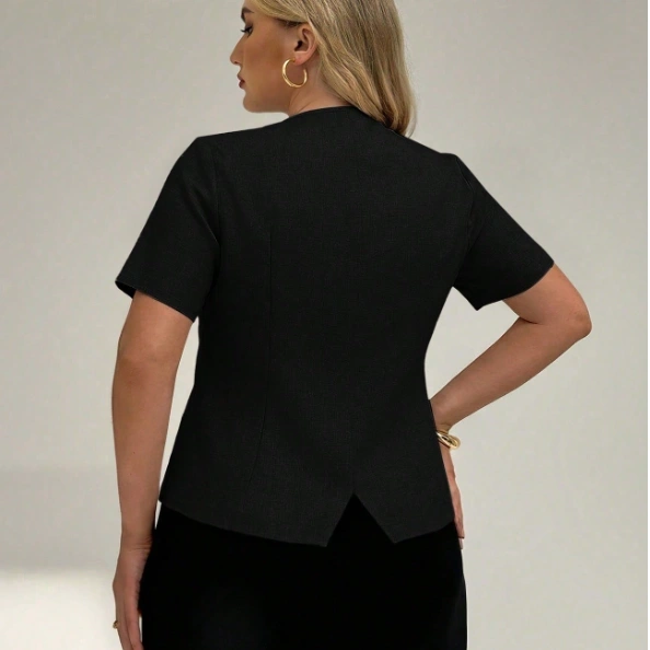 Plus Size Summer Casual Commuter Button Decor Short Sleeve Shirt 2