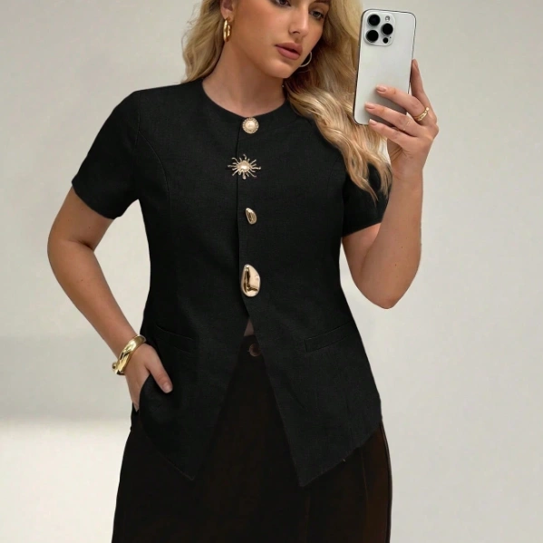Plus Size Summer Casual Commuter Button Decor Short Sleeve Shirt 4