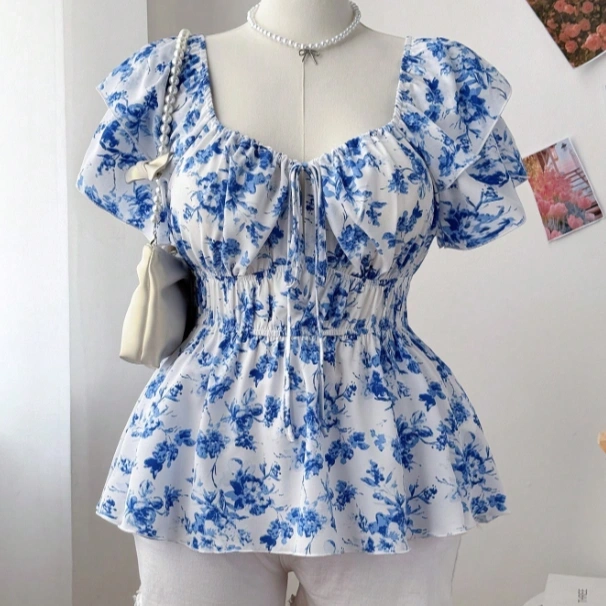 Double-Layer Ruffle Sleeve Front Drawstring Floral Print Swing Shirt 1