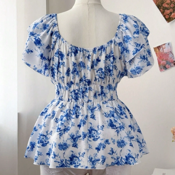 Double-Layer Ruffle Sleeve Front Drawstring Floral Print Swing Shirt 2