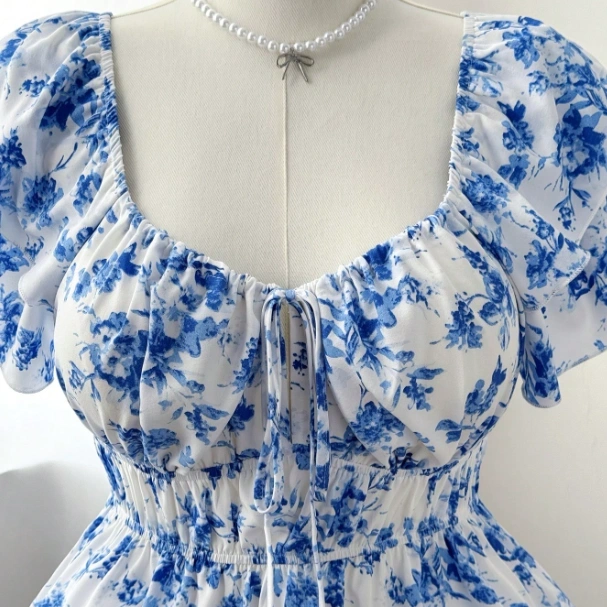 Double-Layer Ruffle Sleeve Front Drawstring Floral Print Swing Shirt 3