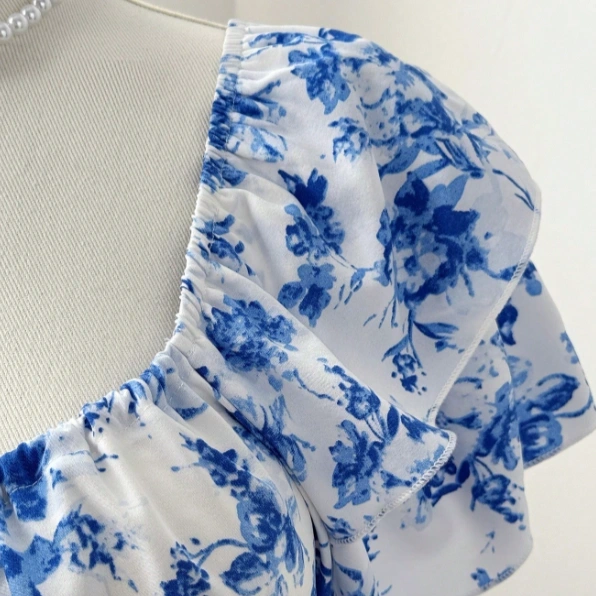 Double-Layer Ruffle Sleeve Front Drawstring Floral Print Swing Shirt 4