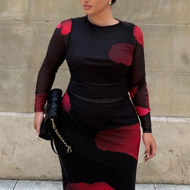 Plus Size Elegant Floral Print Ruched Long Sleeve Mesh Dress 1