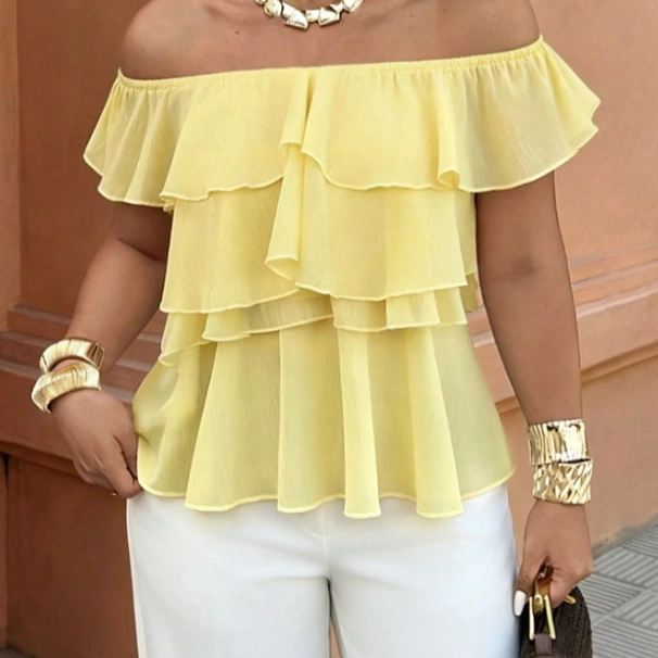 Off-Shoulder Multi-Layer Ruffle Yellow Elegant Vacation Top 1