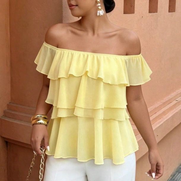 Off-Shoulder Multi-Layer Ruffle Yellow Elegant Vacation Top 3