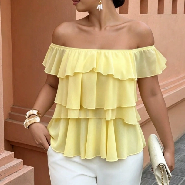 Off-Shoulder Multi-Layer Ruffle Yellow Elegant Vacation Top 4