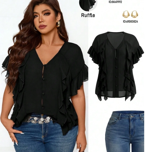 Elegant Ruffle Patchwork Design V-Neck Solid Color Chiffon Blouse 1