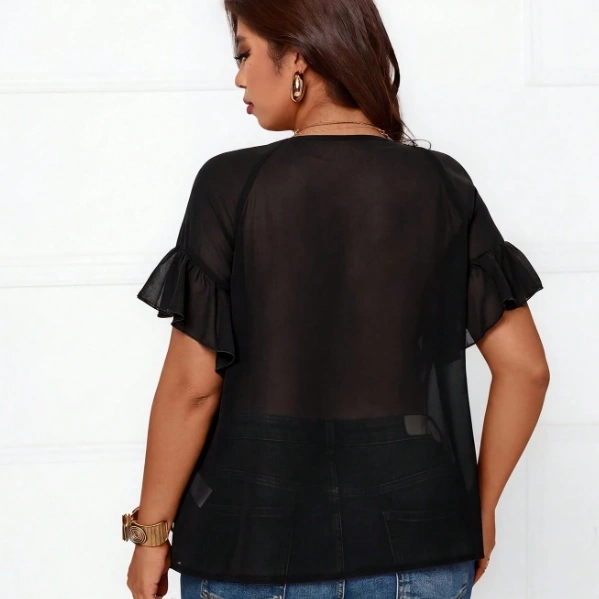 Elegant Ruffle Patchwork Design V-Neck Solid Color Chiffon Blouse 2