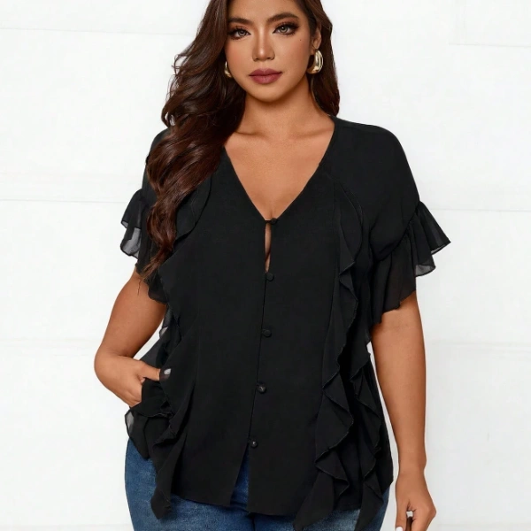 Elegant Ruffle Patchwork Design V-Neck Solid Color Chiffon Blouse 3