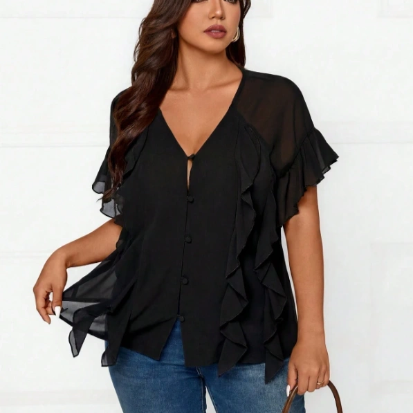 Elegant Ruffle Patchwork Design V-Neck Solid Color Chiffon Blouse 4