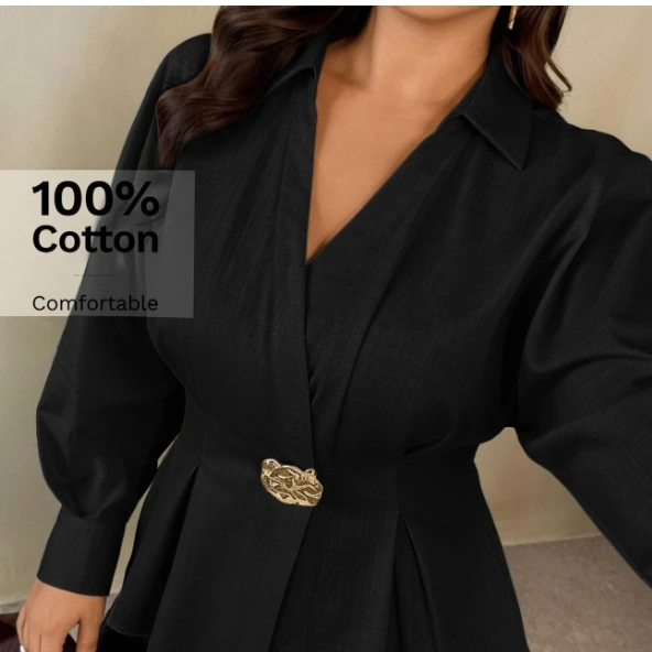 Long Sleeve Ruched Waist Asymmetric Metal Buckle Decor White Blouse 1