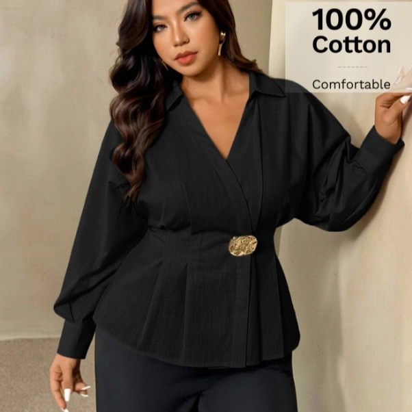 Long Sleeve Ruched Waist Asymmetric Metal Buckle Decor White Blouse 3