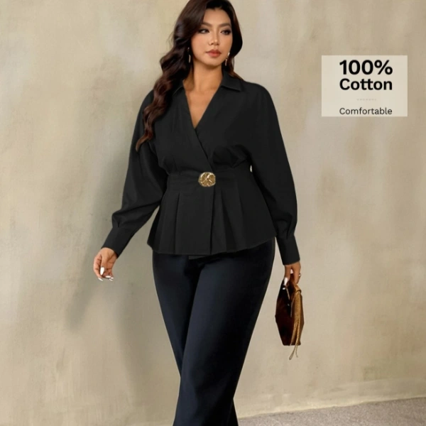 Long Sleeve Ruched Waist Asymmetric Metal Buckle Decor White Blouse 4