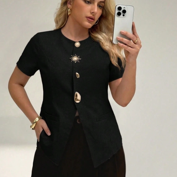 Plus Size Summer Casual Commuter Button Decor Short Sleeve Shirt 3