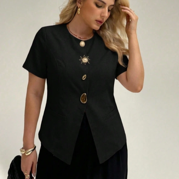 Plus Size Summer Casual Commuter Button Decor Short Sleeve Shirt 4