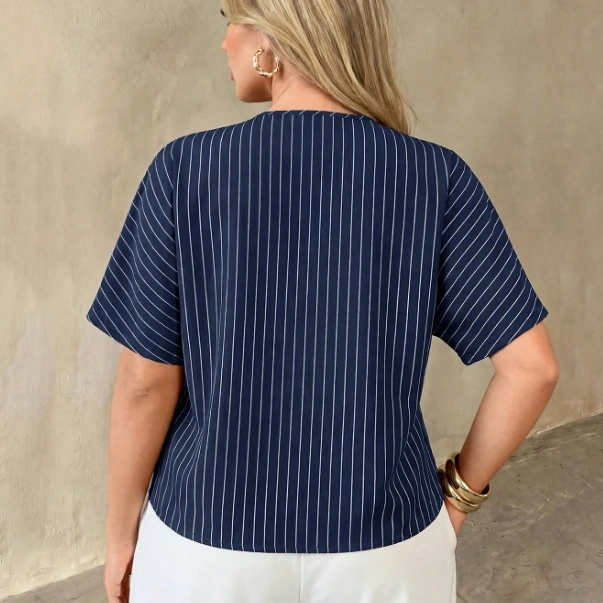 Plus Size Elegant Vintage Striped Button Short Sleeve Shirt 2