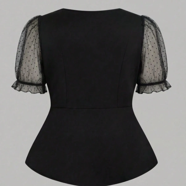 Square Collar Chiffon Floral Patchwork Short Sleeve Blouse 2