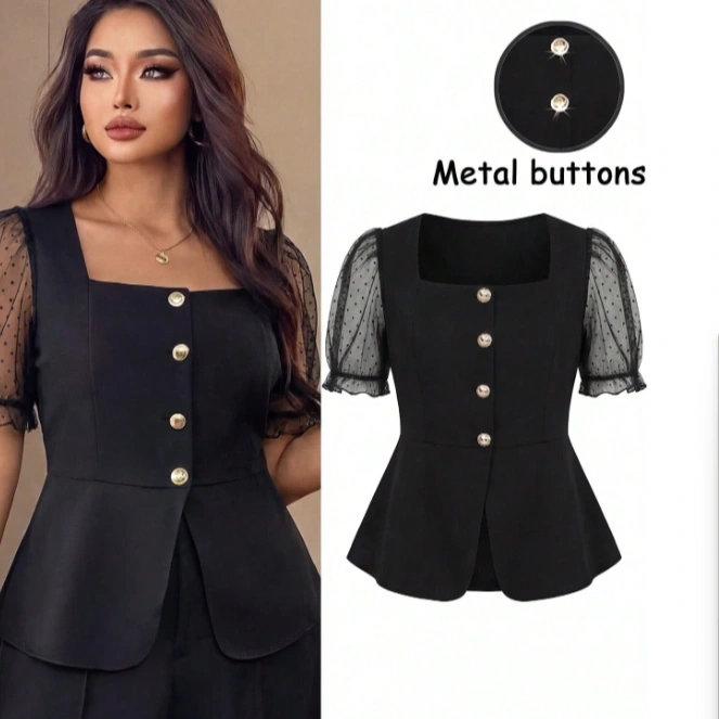 Square Collar Chiffon Floral Patchwork Short Sleeve Blouse 3