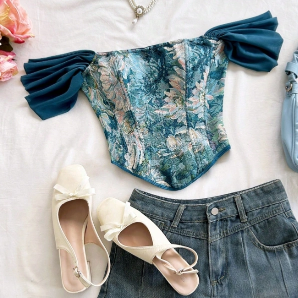 Elegant Tea Party Vintage Palace Style Jacquard Print Off Shoulder Crop Top 1