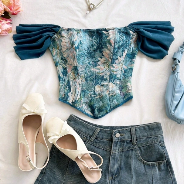 Elegant Tea Party Vintage Palace Style Jacquard Print Off Shoulder Crop Top 3
