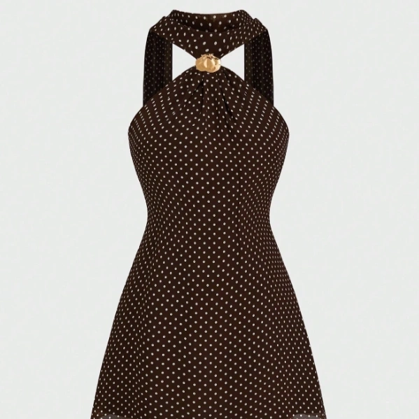 Plus Size French Polka Dot Print Metal Decor Halter Neck Tie Dress 1