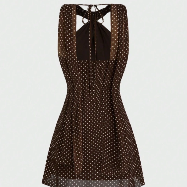 Plus Size French Polka Dot Print Metal Decor Halter Neck Tie Dress 2