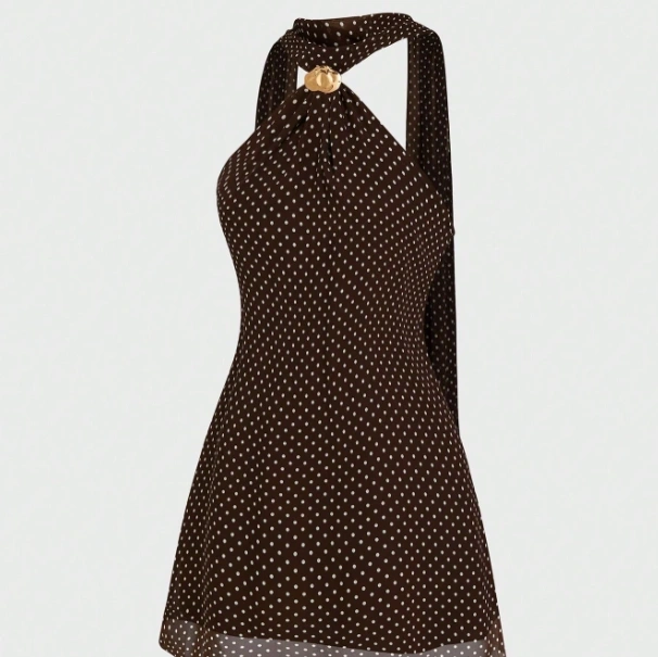Plus Size French Polka Dot Print Metal Decor Halter Neck Tie Dress 3