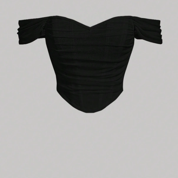 Asymmetrical Hem Ruched Waist Fish Bone Decoration Black Crop Top 1