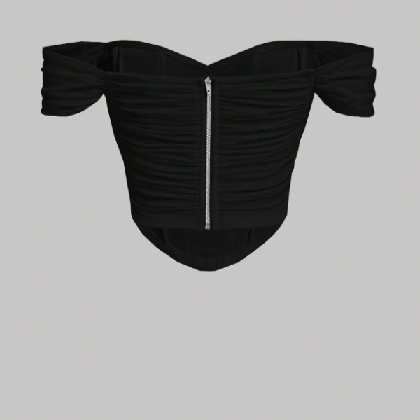 Asymmetrical Hem Ruched Waist Fish Bone Decoration Black Crop Top 2