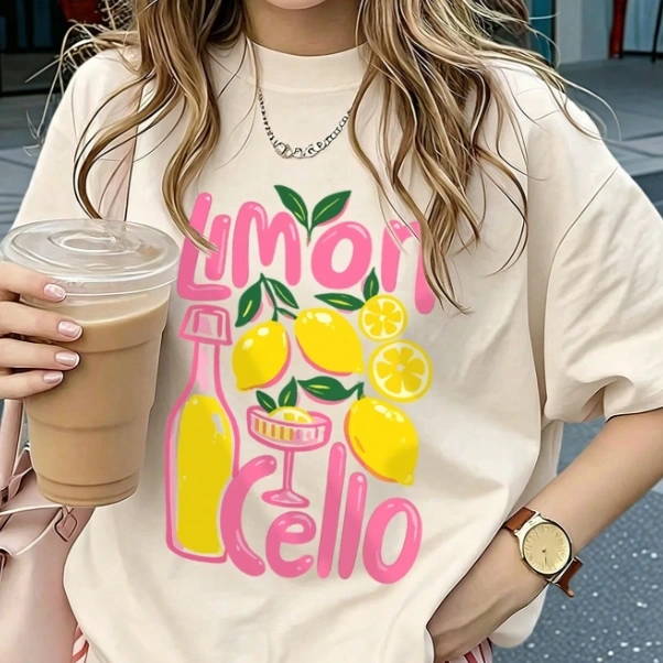 Casual Lemon Print Round Neck Beige Short Sleeve Vacation T-Shirt 1