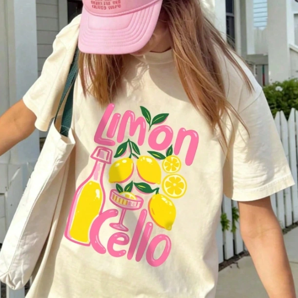 Casual Lemon Print Round Neck Beige Short Sleeve Vacation T-Shirt 3