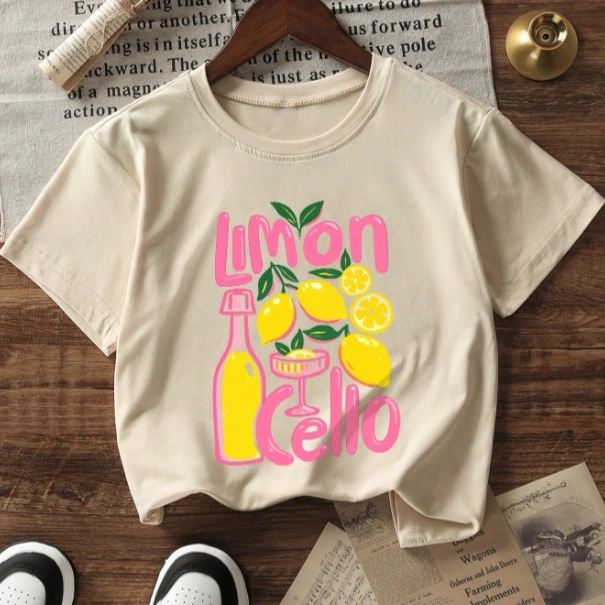 Casual Lemon Print Round Neck Beige Short Sleeve Vacation T-Shirt 4