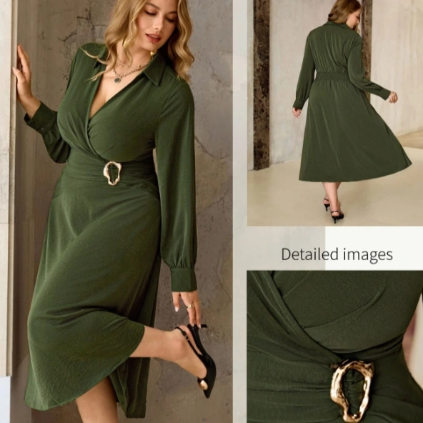 Elegant Chic Casual Shirt Collar Criss-Cross Ruched Flared Long Dress 1