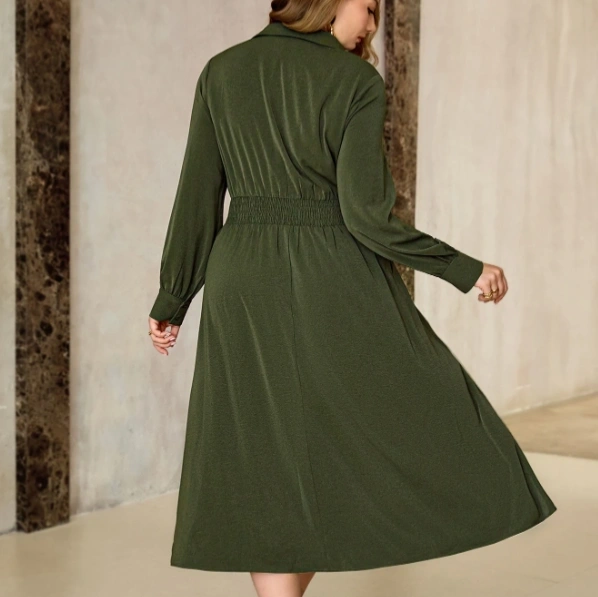 Elegant Chic Casual Shirt Collar Criss-Cross Ruched Flared Long Dress 2