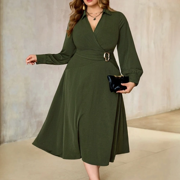 Elegant Chic Casual Shirt Collar Criss-Cross Ruched Flared Long Dress 3