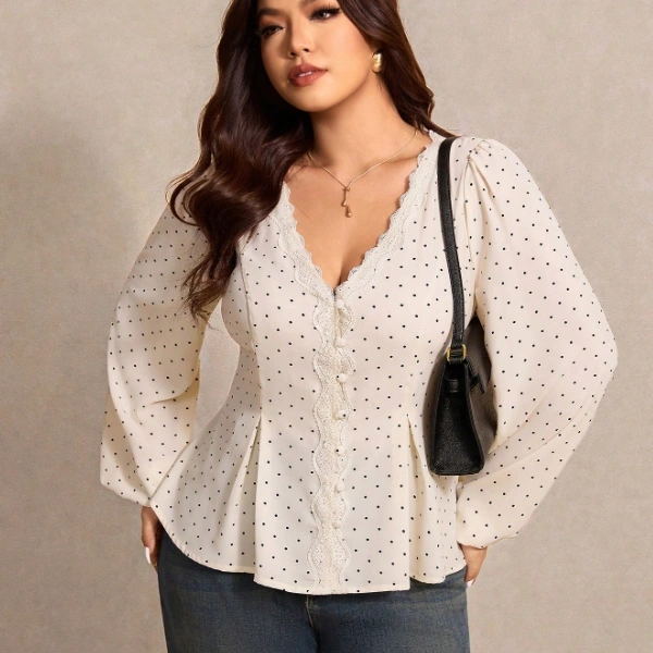 Polka Dot Print Contrast Lace Lantern Sleeve Fashion Blouse White Top 1