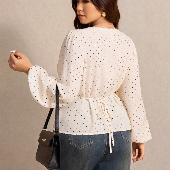 Polka Dot Print Contrast Lace Lantern Sleeve Fashion Blouse White Top 2