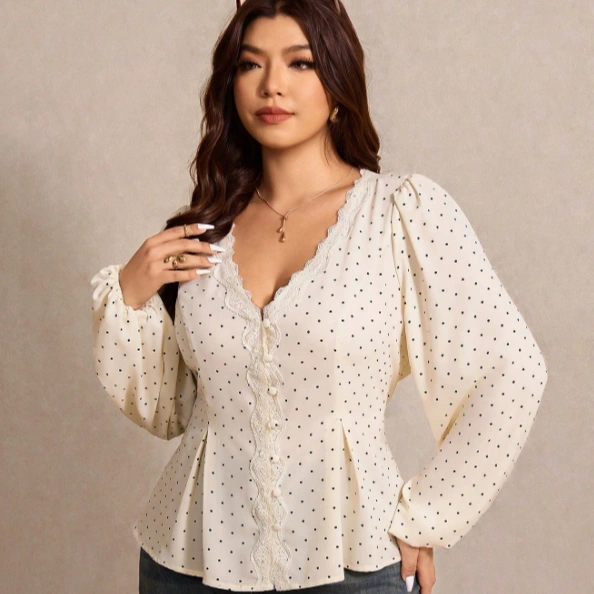 Polka Dot Print Contrast Lace Lantern Sleeve Fashion Blouse White Top 4