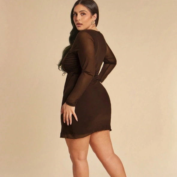 Party Cocktail Club Fitted Ruffle Hem Mini Long Sleeve Mesh Dress 2