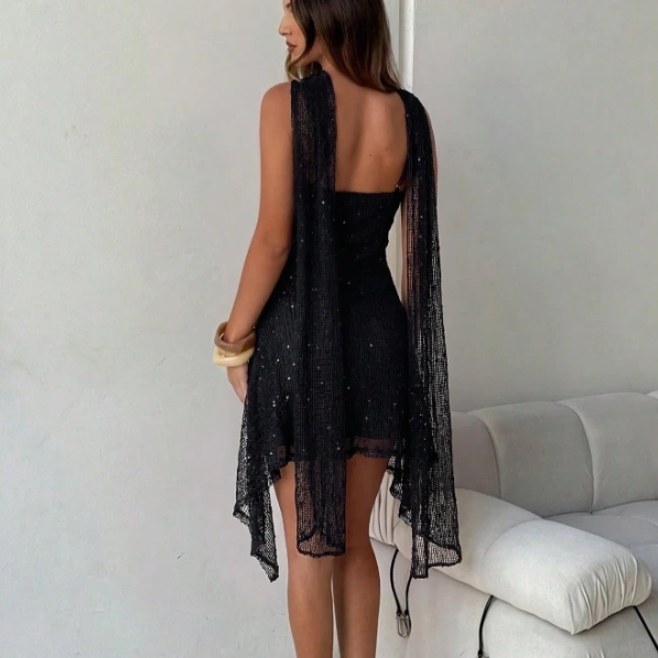 Sequin Asymmetrical Hem Fashion Spaghetti Strap Mini Dress 2
