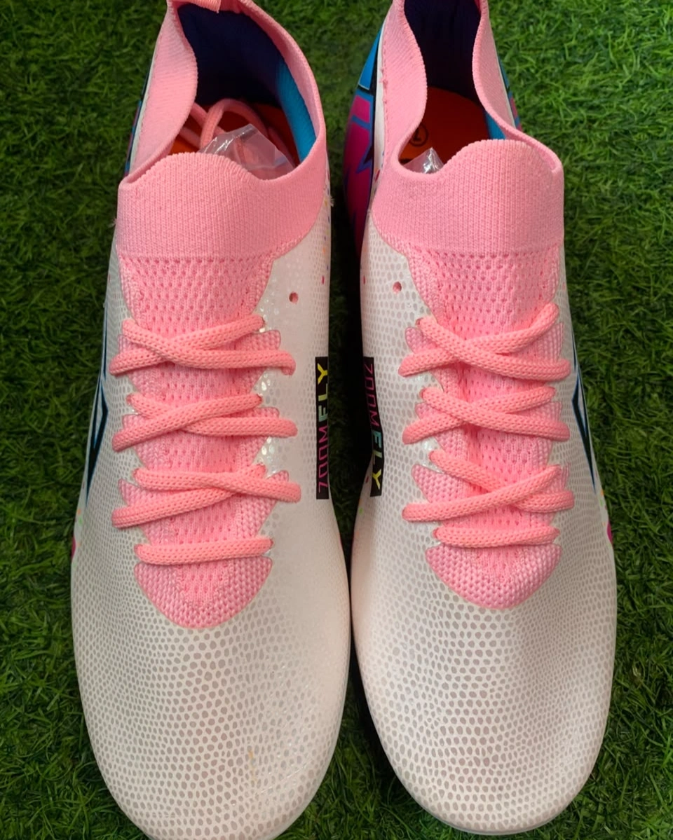 Puks Zoomfly Semi-Ankle Football Boots – White Pink Blue Multicolor FG Soccer Cleats 5