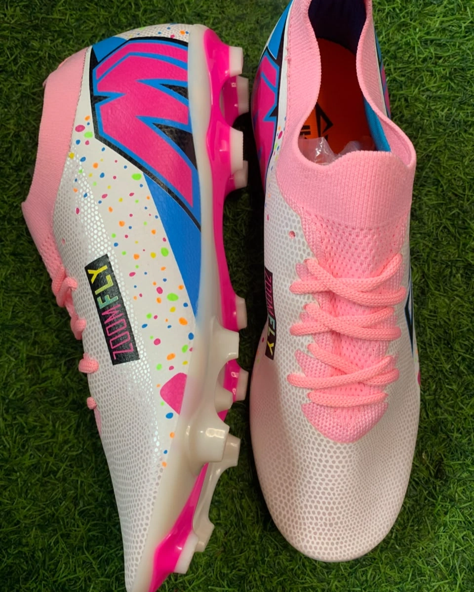Puks Zoomfly Semi-Ankle Football Boots – White Pink Blue Multicolor FG Soccer Cleats 1