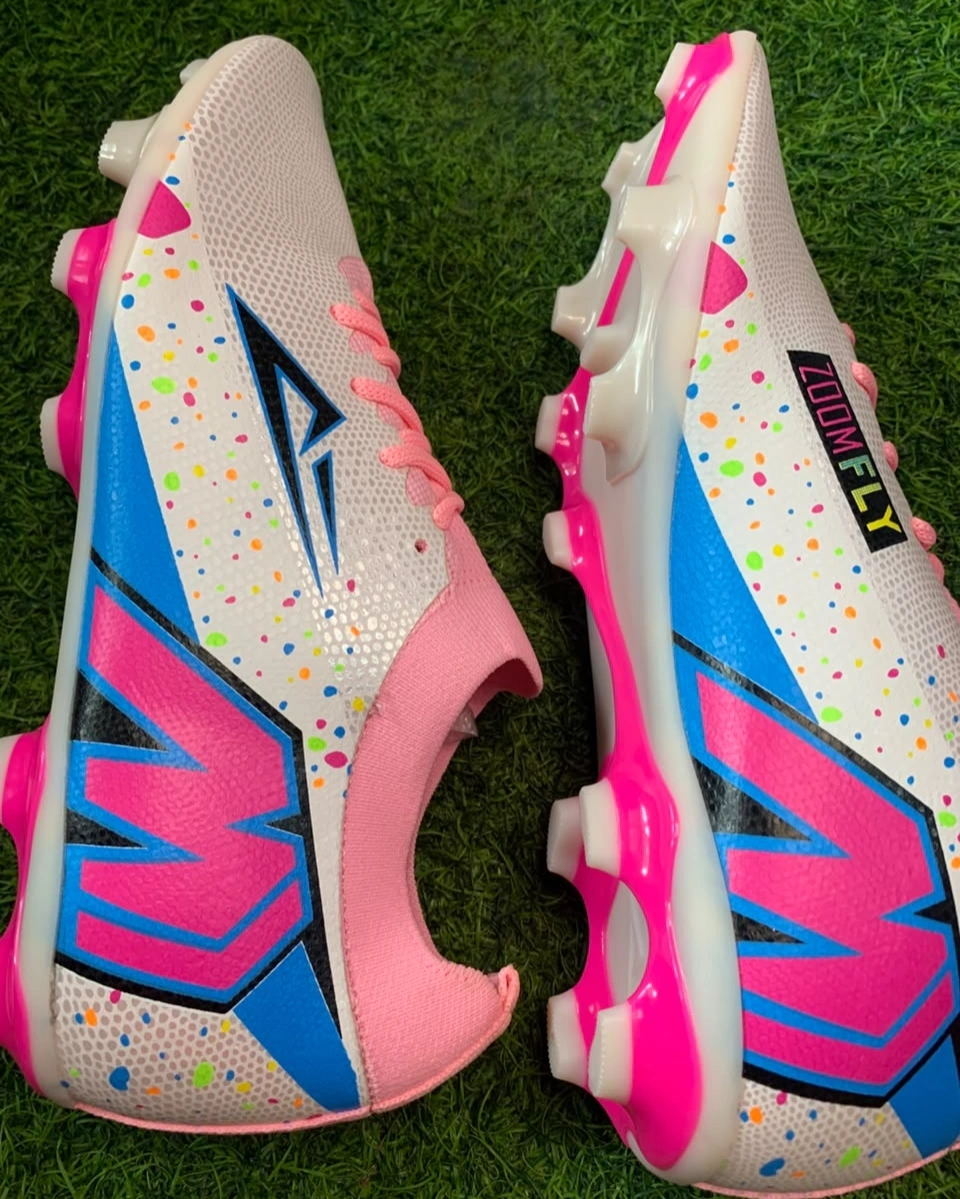 Puks Zoomfly Semi-Ankle Football Boots – White Pink Blue Multicolor FG Soccer Cleats 6