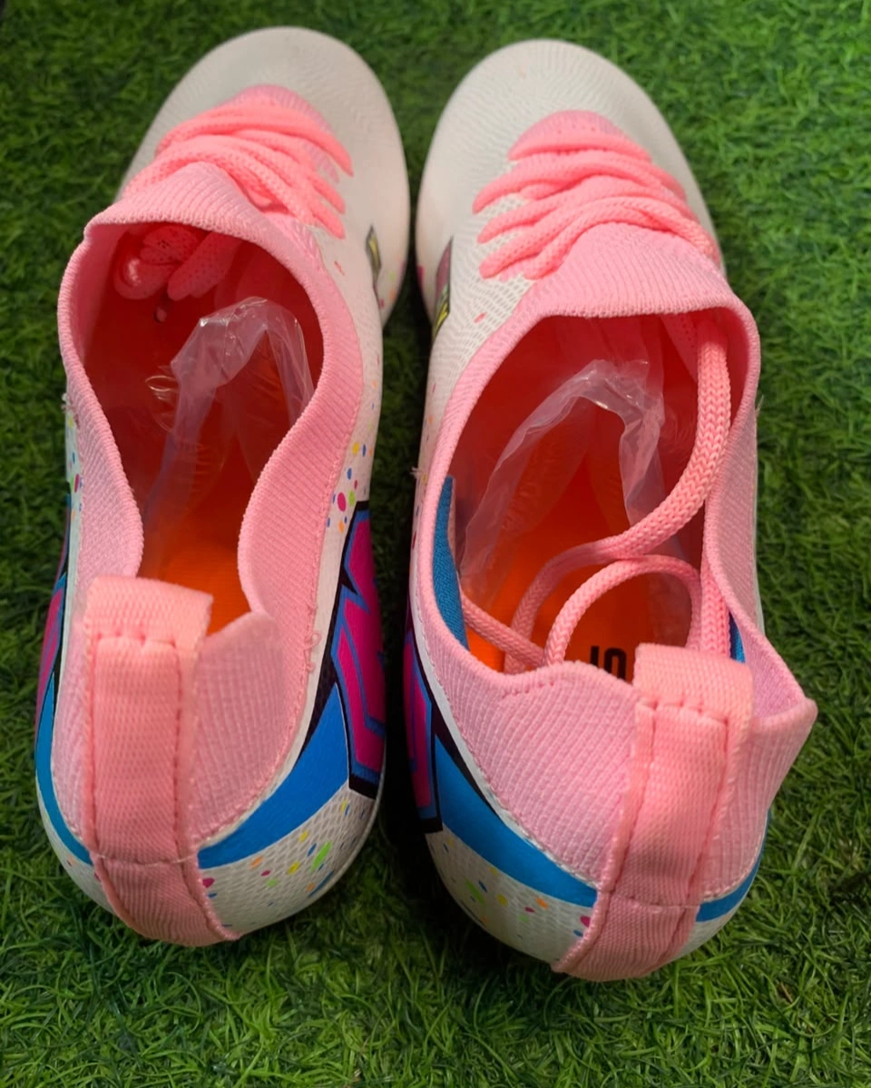 Puks Zoomfly Semi-Ankle Football Boots – White Pink Blue Multicolor FG Soccer Cleats 7