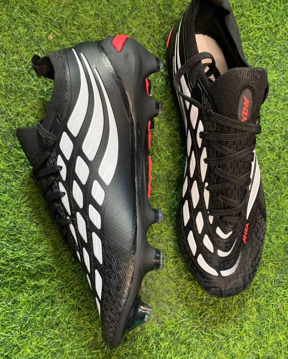 Anza Predator Football Boots – Lace-Up Soccer Cleats with Firm Ground Studs (Black/White/Red) 1