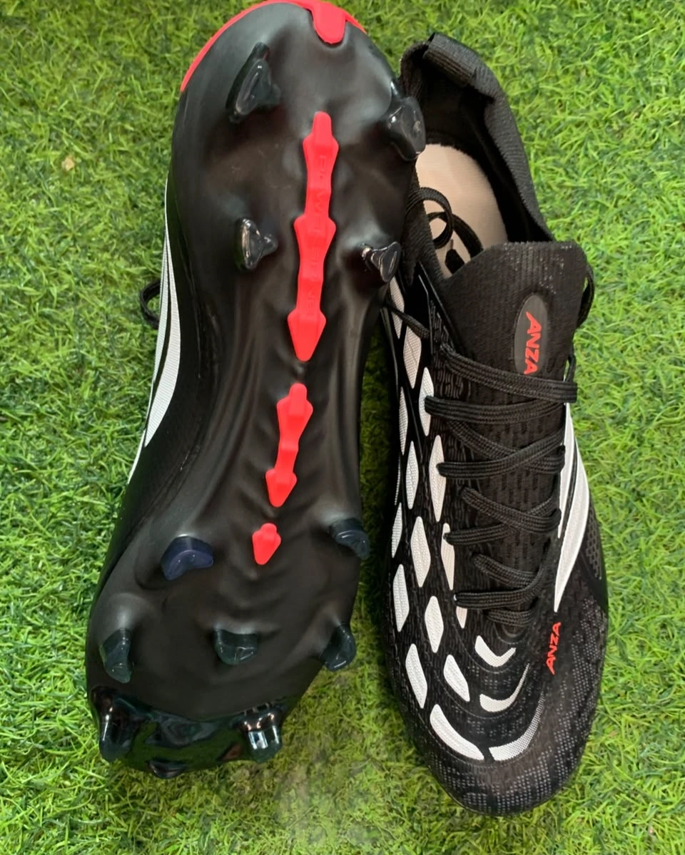 Anza Predator Football Boots – Lace-Up Soccer Cleats with Firm Ground Studs (Black/White/Red) 2