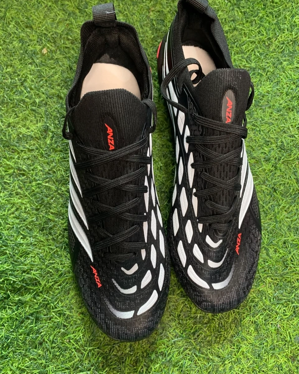 Anza Predator Football Boots – Lace-Up Soccer Cleats with Firm Ground Studs (Black/White/Red) 3
